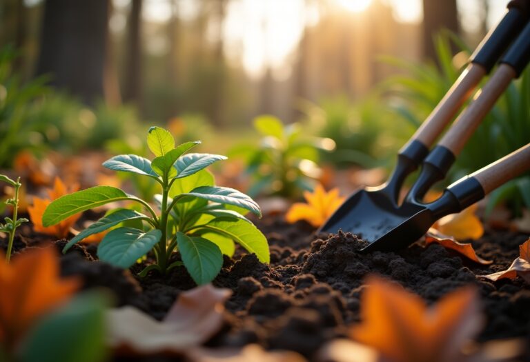 Gardener preparing garden for winter in November