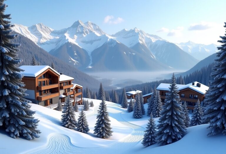 Scenic view of Les Arcs ski resort with snowy mountains