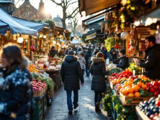 Affollato mercato vittoriano di Inverness in inverno