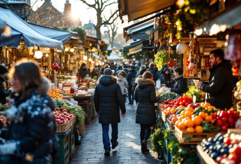 Affollato mercato vittoriano di Inverness in inverno