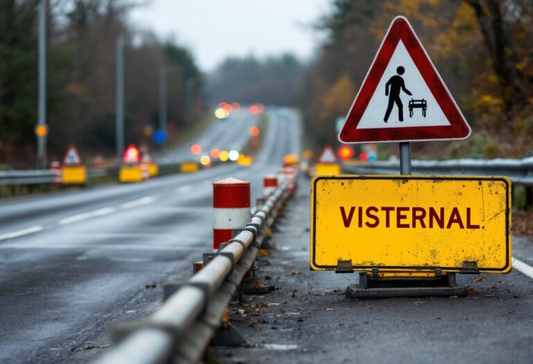 A96 road closed sign near Inverurie due to accident
