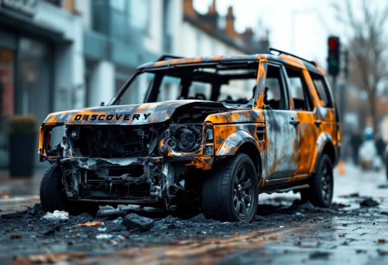 Land Rover Discovery engulfed in flames in parking lot