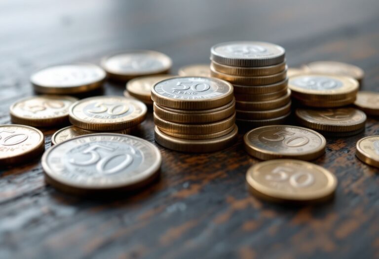 Collection of rare 50-pence coins displayed