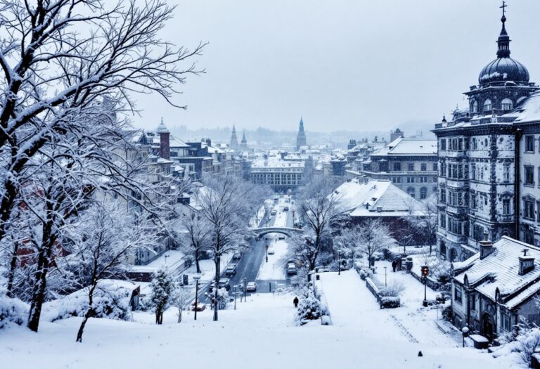 Snowy landscape in the UK with forecast details