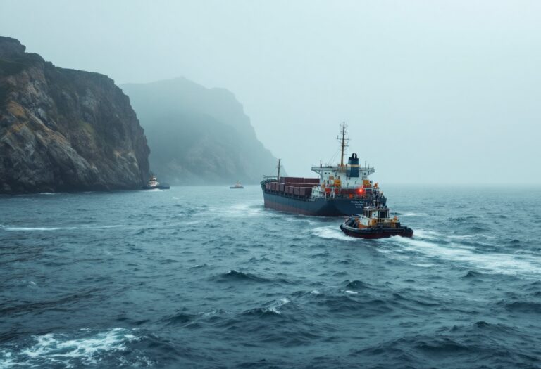 Cargo ship being towed to Aberdeen following a collision