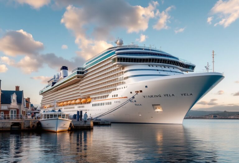 Viking Vela cruise ship docked in Aberdeen harbor