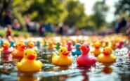 Participants enjoying the annual duck race in Pitmedden