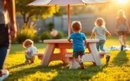 Discounted AIYAPLAY kids picnic table with parasol and sensory sand and water bins