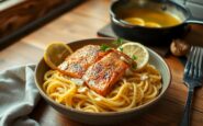 Quick lemon garlic salmon pasta with creamy sauce