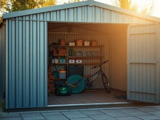 Spacious metal shed with integrated log compartment: a compact solution for garden storage