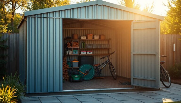 Spacious metal shed with integrated log compartment: a compact solution for garden storage