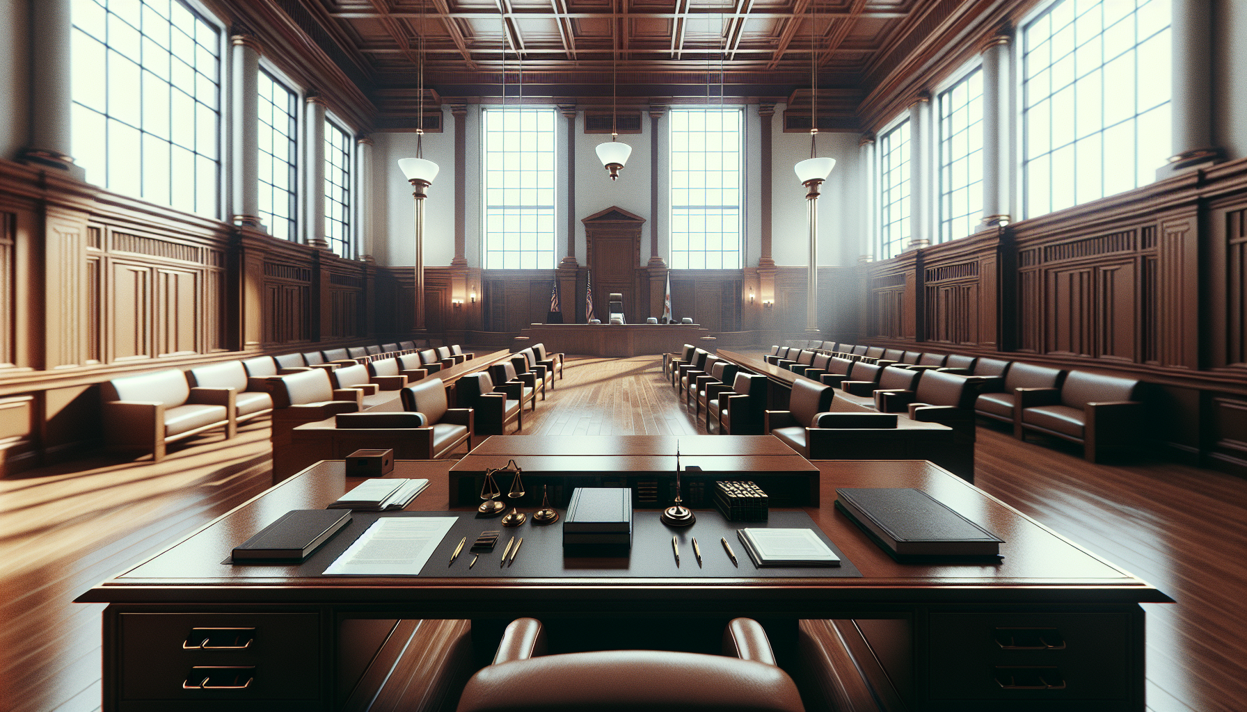 Strategic courtroom scene during a high-profile trial