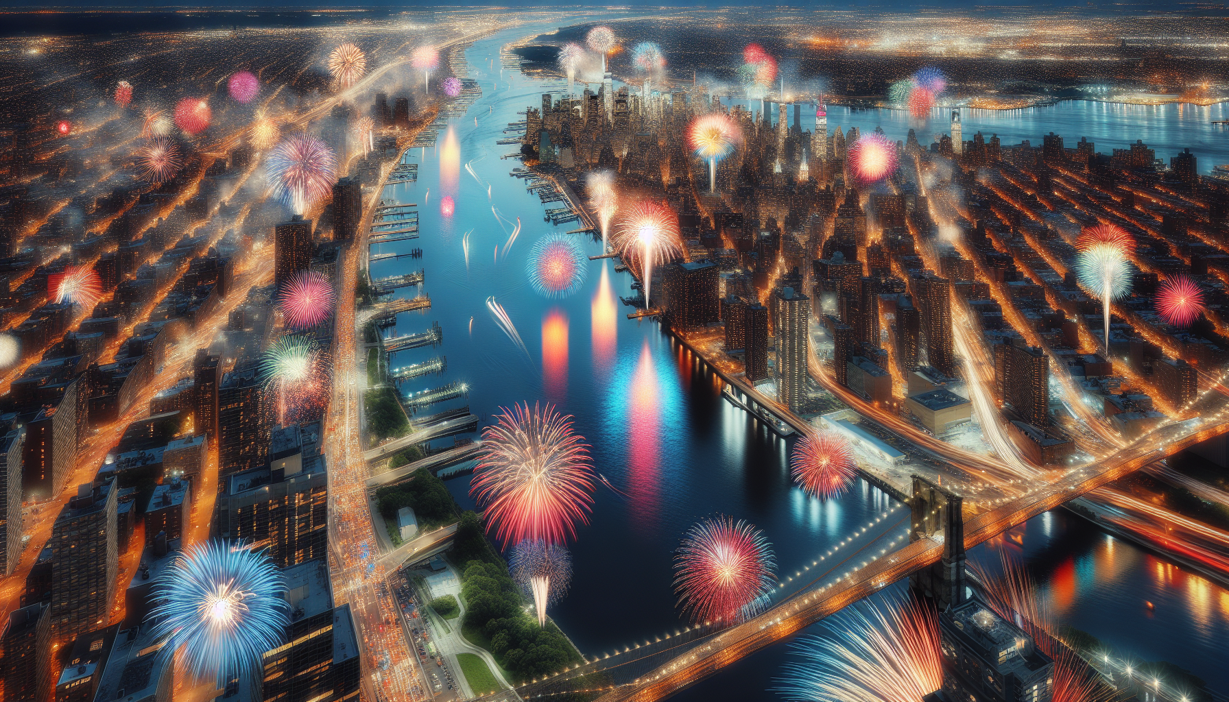 Fireworks lighting up the East River for Macy's 2024 celebration