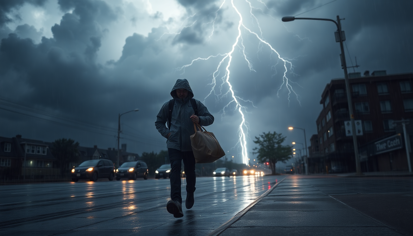 Deliveryman narrowly escapes lightning strike during severe storm