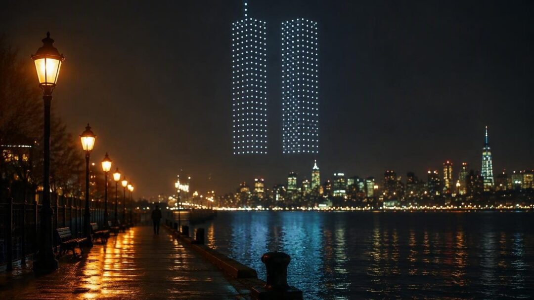 Show de drones recria Torres Gêmeas em homenagem às vítimas do 11 de setembro