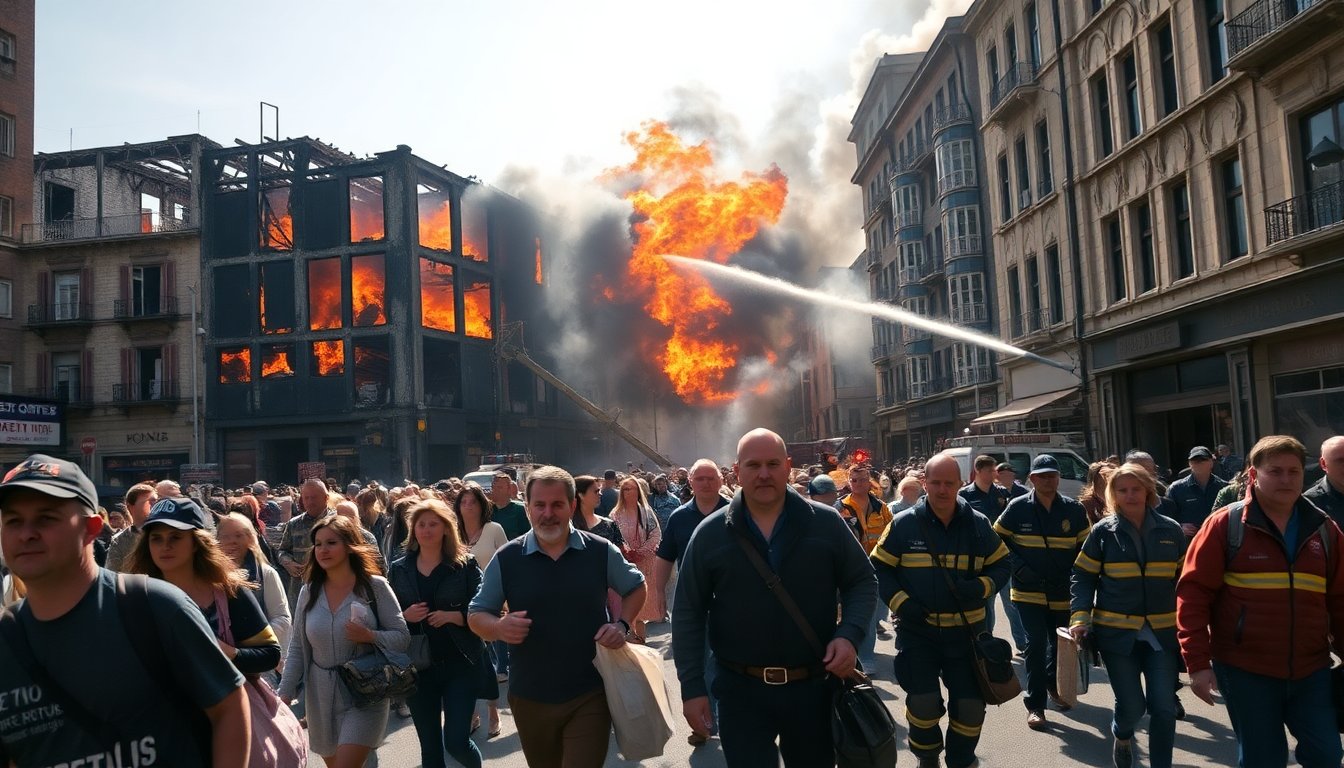 Evacuazione di massa a causa di un incendio nel centro città