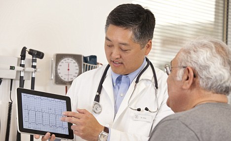 Doctor using digital tablet to talk to senior man