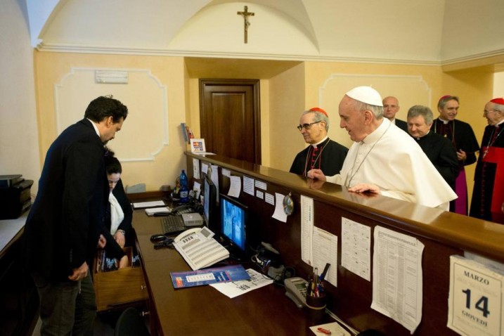 Newly elected Pope Francis I, Cardinal Jorge Mario Bergoglio of Argentina, checks out of the church-run residence where he had been staying in Rome
