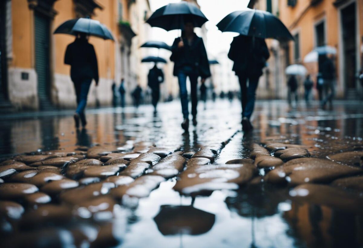 Il brutto tempo ha trasformato le strade di Roma in veri e propri corsi d'acqua, spingendo i turisti a divertirsi saltando nelle pozzanghere formatesi.