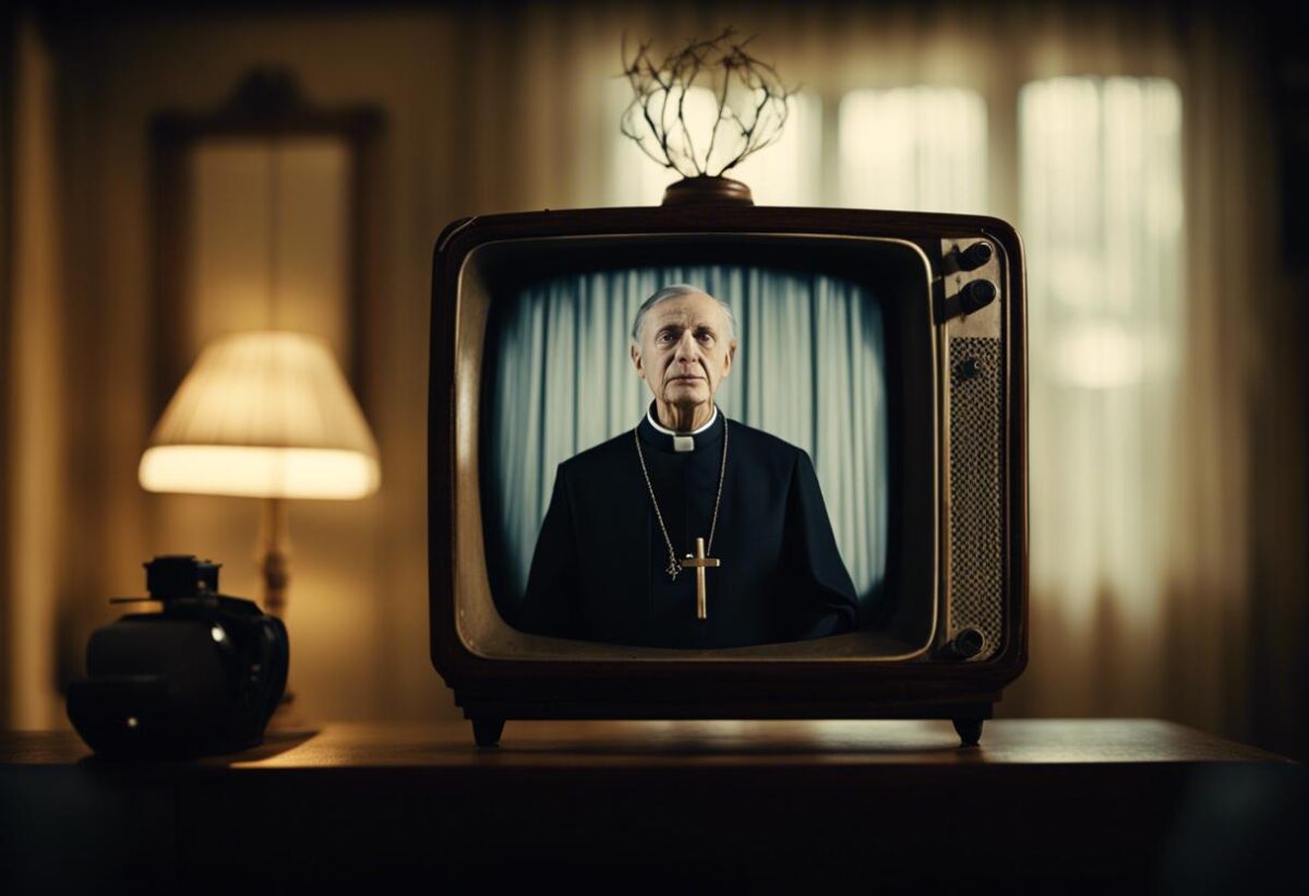 Un sacerdote che appare sullo schermo televisivo criticava l'intervento di Fedez alla celebrazione in onore della Madonna, esprimendo il desiderio di confessarlo.