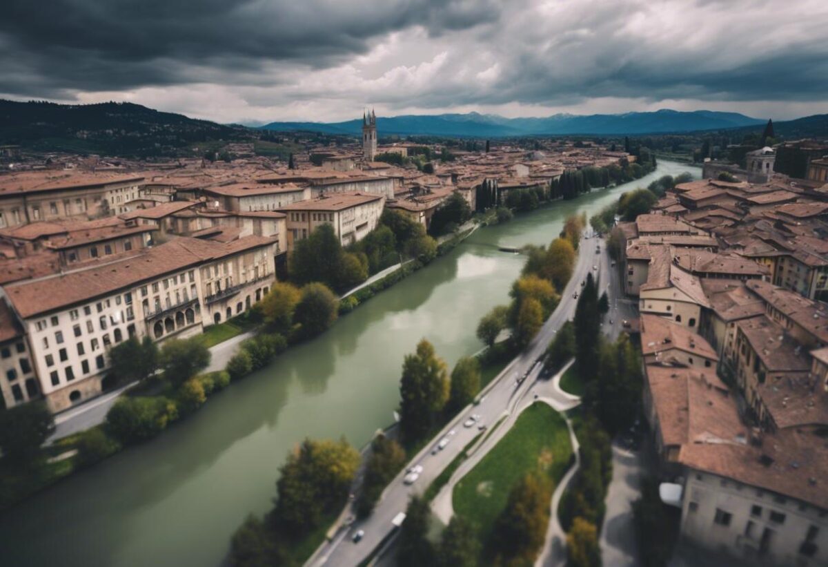 Maltempo a Bergamo, immagini aeree del fiume Brembo in piena.