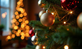 Noemi Bocchi accanto a un albero di Natale decorato