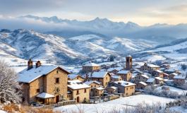 Panorama invernale di Castelluccio di Norcia con neve