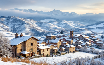 Panorama invernale di Castelluccio di Norcia con neve