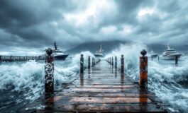 Immagine del maltempo nel golfo di Napoli con traghetti fermi