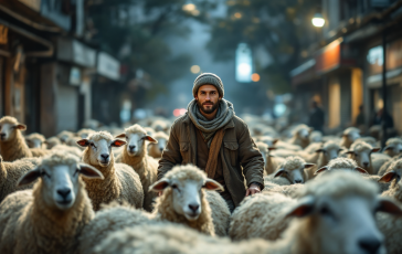 Un pastore con il suo gregge in un parco di Milano