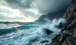 Vista della tempesta di mare a Capri con onde alte