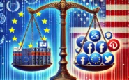 DALL·E 2025 03 10 11.32.09 A visually striking digital illustration representing the clash between the European Union and the United States over digital regulations. The image f