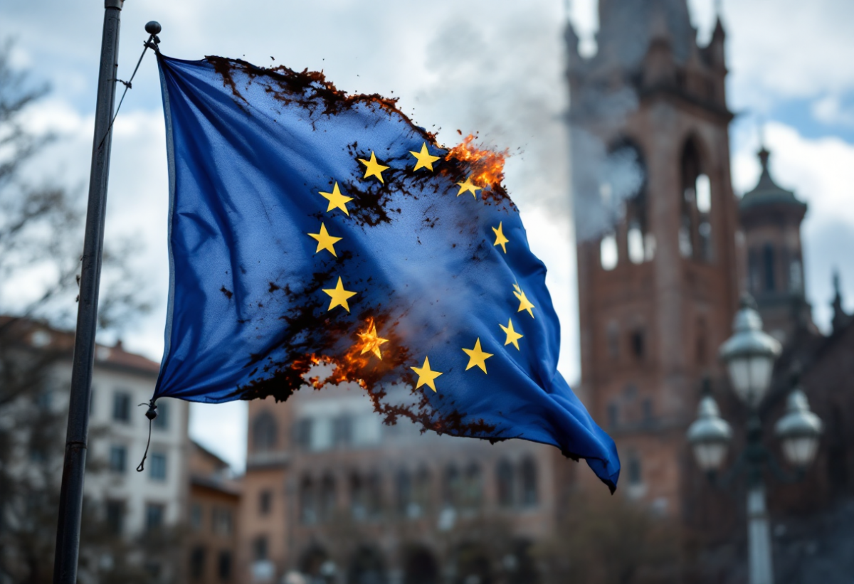 La bandiera dell'Unione europea in fiamme a Bologna