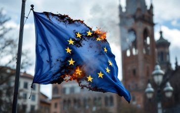 Bandiera dell'Unione Europea avvolta dalle fiamme a Bologna