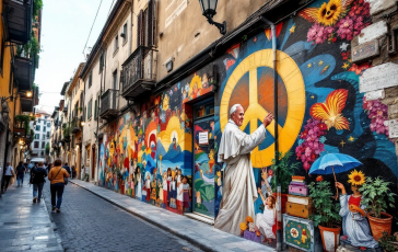 Murale dedicato a Papa Francesco a Trastevere con messaggio di pace