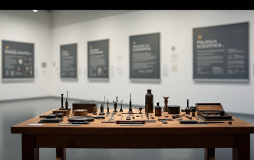 Esposizione della polizia scientifica con strumenti e tecnologie