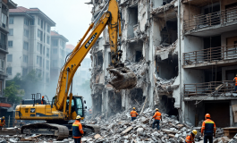 Operai al lavoro per rimuovere macerie a Bari