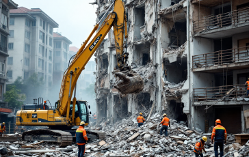 Operai al lavoro per rimuovere macerie a Bari