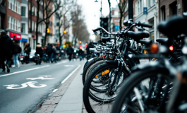 Ciclista in una città con smog e inquinamento atmosferico