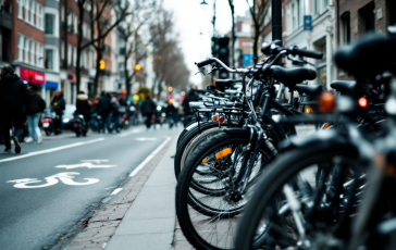 Ciclista in una città con smog e inquinamento atmosferico