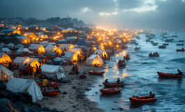 Profughi in arrivo a Lampedusa durante l'emergenza migratoria