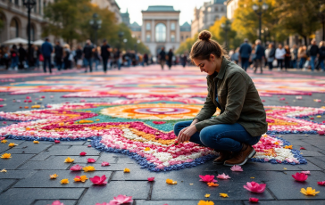 Infiorata di Noto con fiori colorati e messaggi di pace