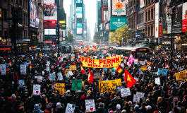 Manifestazione per Gaza con bandiere e cartelli di protesta
