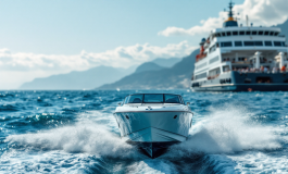 Motoscafo sfreccia nel Golfo di Napoli con onde