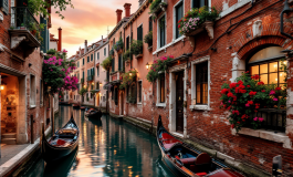 Immagine di Venezia con barca e ombrelloni