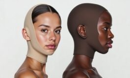 Maschera Kim Kardashian per il mento di Skims indossata per scolpire la mandibola