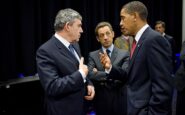 president barack obama talks with british prime minister gordon brown and french president nicolas sarkozy prior to making a statement about iran