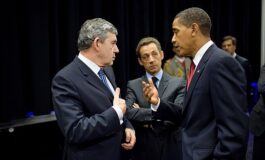 president barack obama talks with british prime minister gordon brown and french president nicolas sarkozy prior to making a statement about iran 265x160