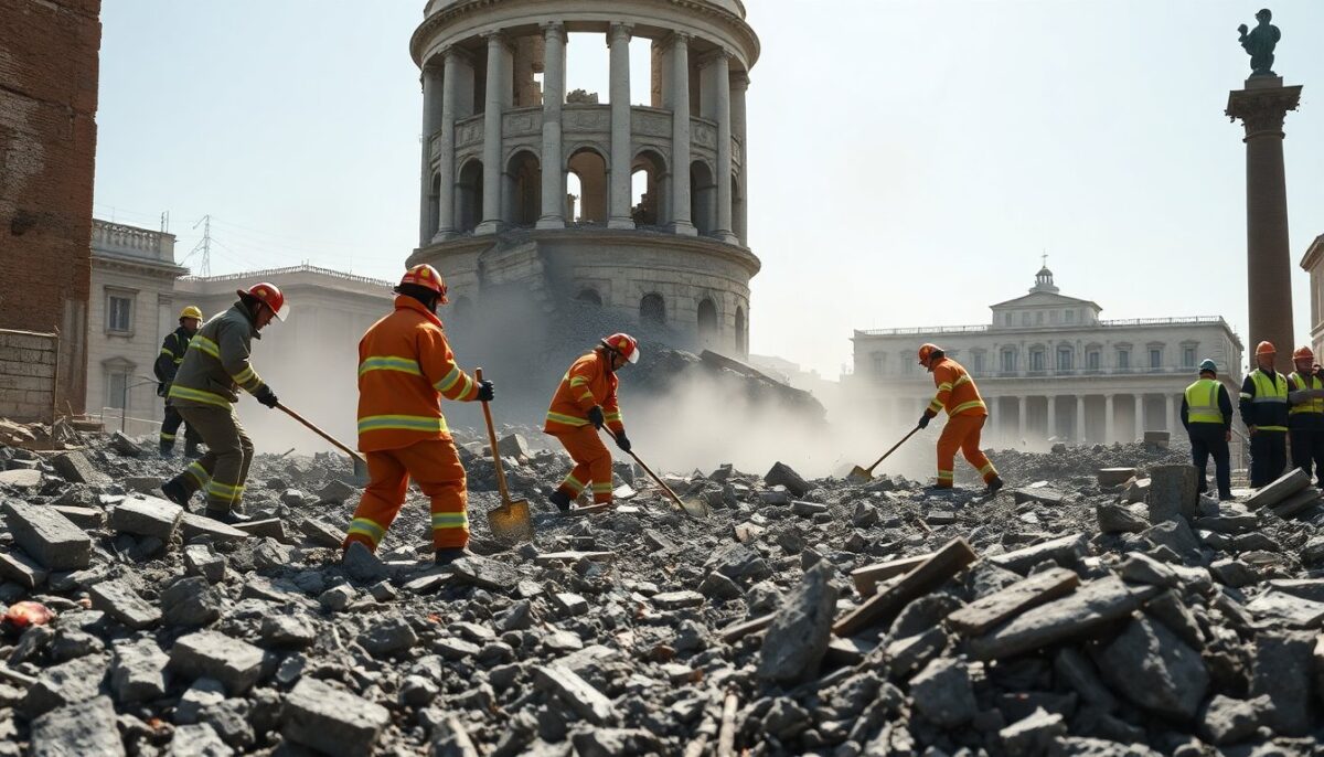 Crollo della Torre dei Conti: operaio salvato dopo un lungo intervento dei soccorsi