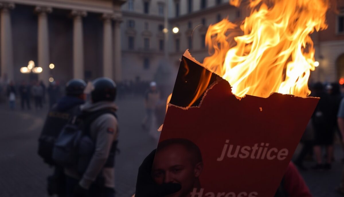 Corteo a Roma: fiamme sui manifesti di Meloni e Nordio, tensioni nel dibattito